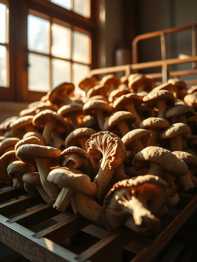 Close-up shot of a cluster of fresh shiitake mushrooms, showcasing their dark brown caps and light gills, arranged on a bed of damp moss to emphasize their natural growing environment and culinary appeal for the UK Mushroom Farm website.