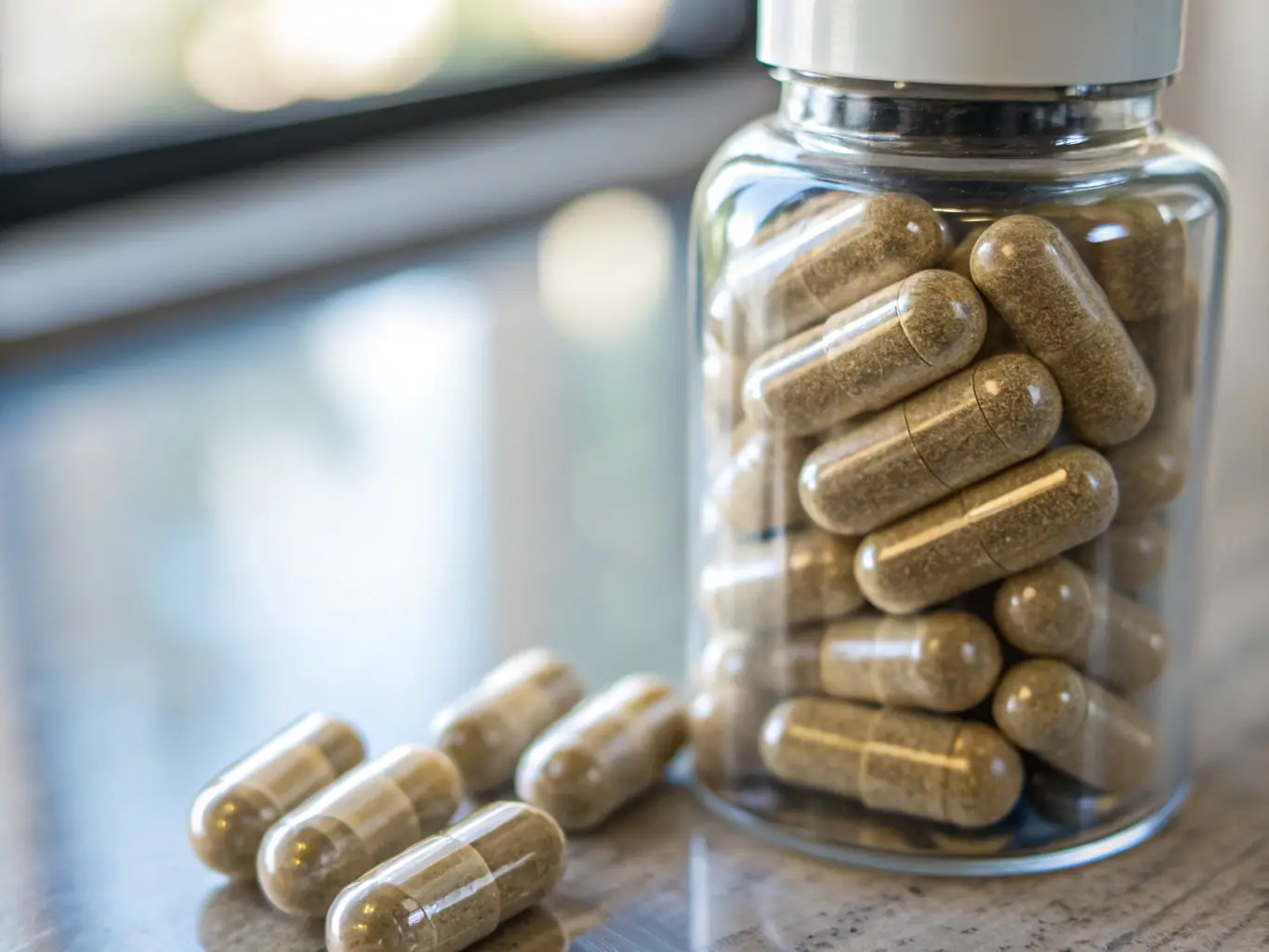 A close-up image of psilocybin microdosing capsules in a sleek bottle, highlighting their quality and packaging.