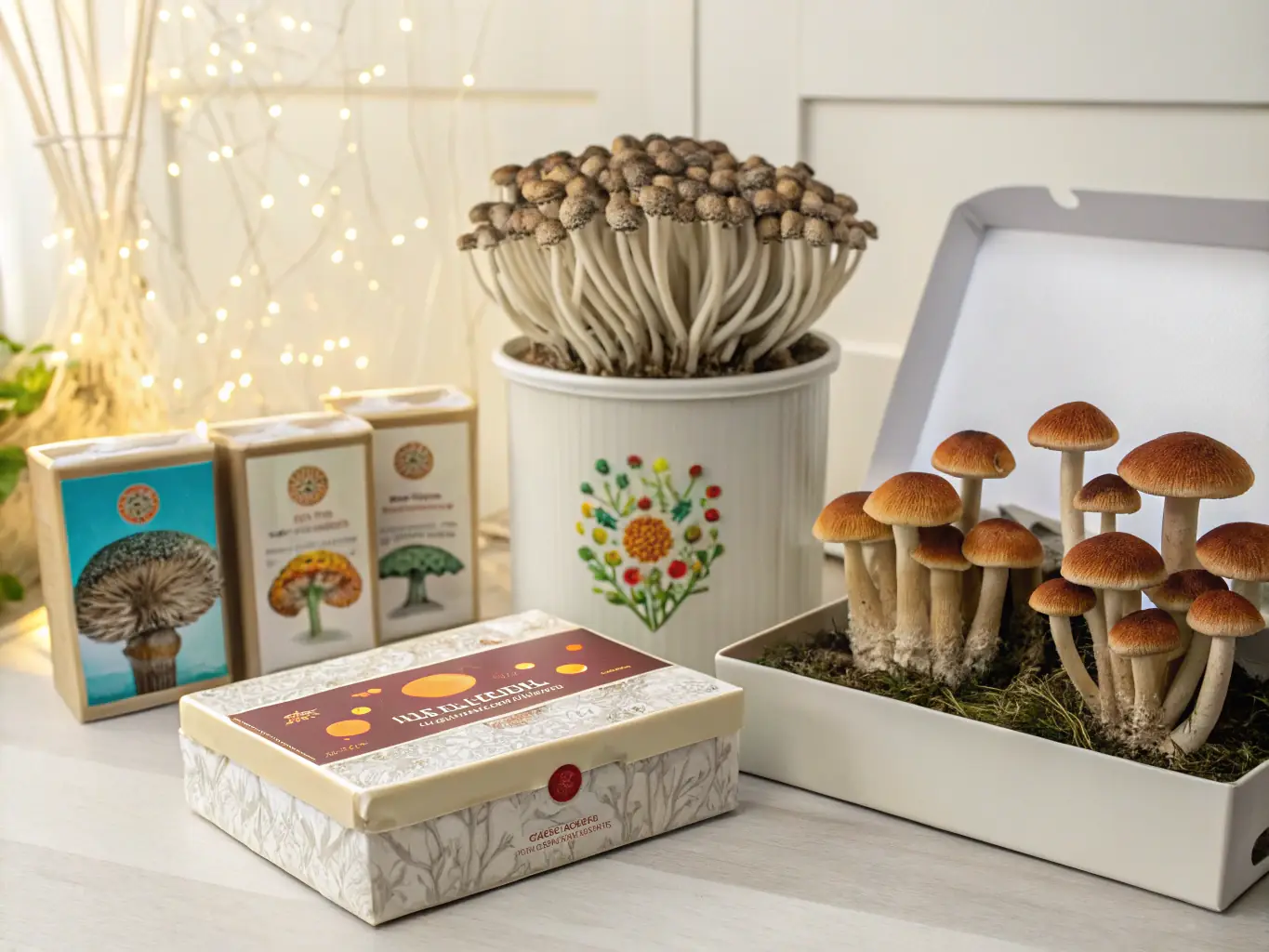 A high-quality image of a magic mushroom grow kit, showcasing all the components needed for a successful home grow.