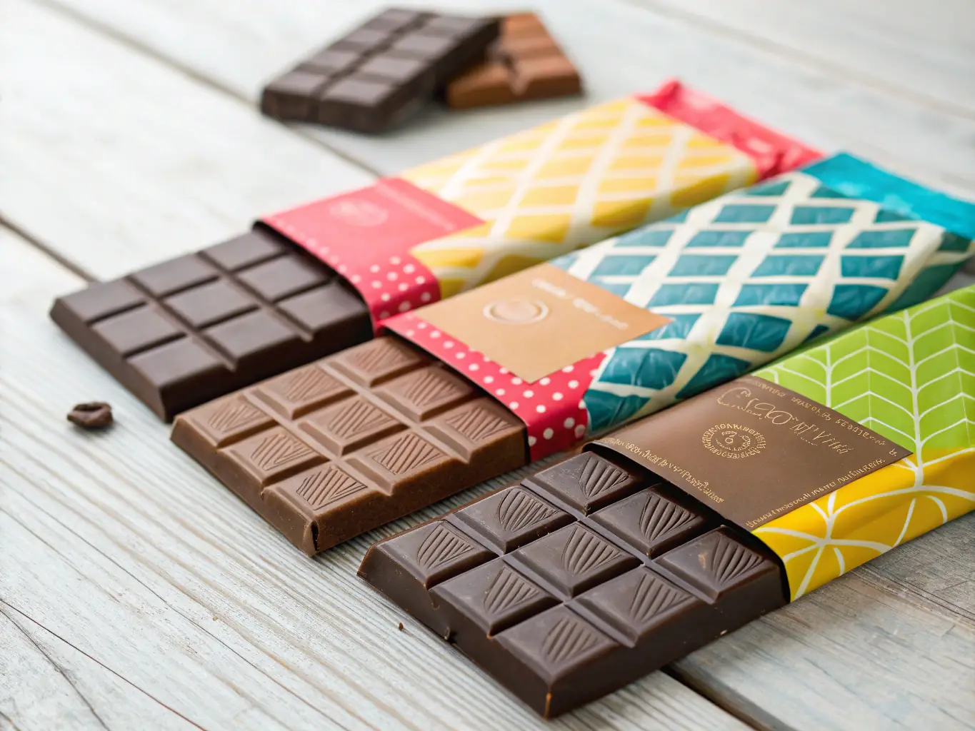 An enticing image of mushroom chocolate bars arranged on a wooden table, showcasing their rich texture and appealing packaging.