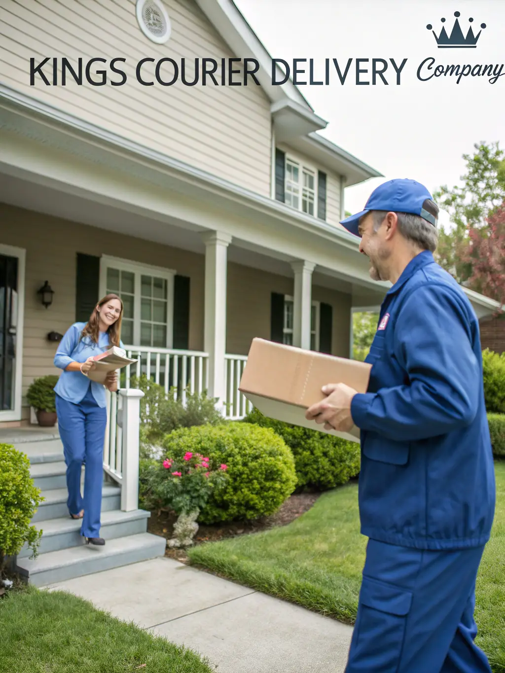 A professionally lit studio shot of a package being delivered by a courier, emphasizing speed and reliability. The package should be discreetly wrapped.