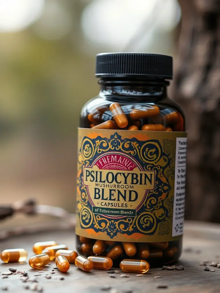 A close-up shot of psilocybin microdosing capsules in a clear container, showcasing their natural appearance and precise dosage.