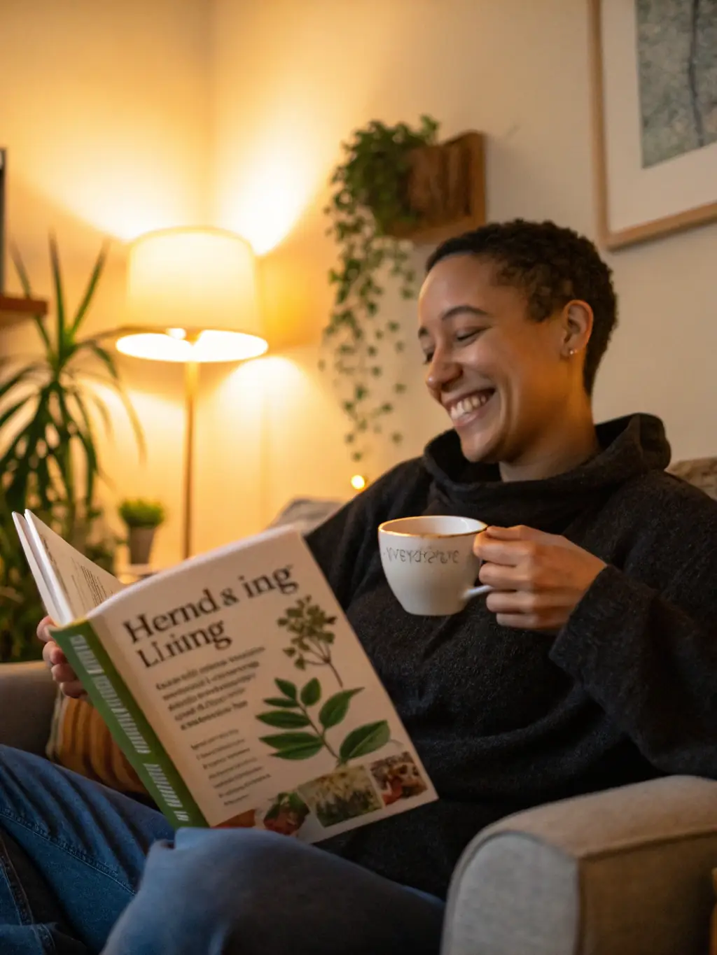A person smiling and looking relaxed, holding a cup of tea, suggesting the calming effects of psilocybin.